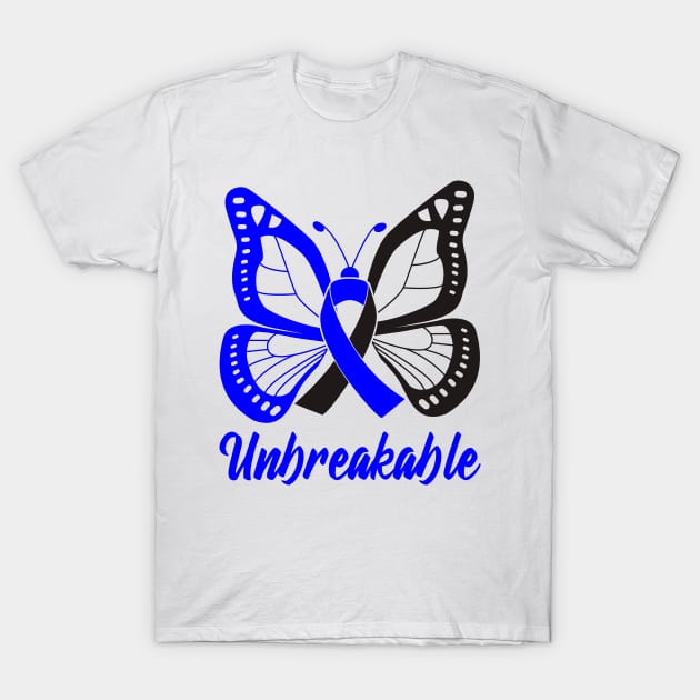 Blue and Black Butterfly Awareness Ribbon Unbreakable T-Shirt by FanaticTee